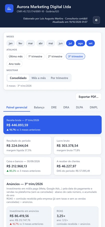 Painel do cliente do Apura no celular