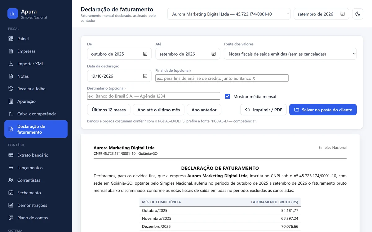 Declaração de faturamento gerada pelo Apura